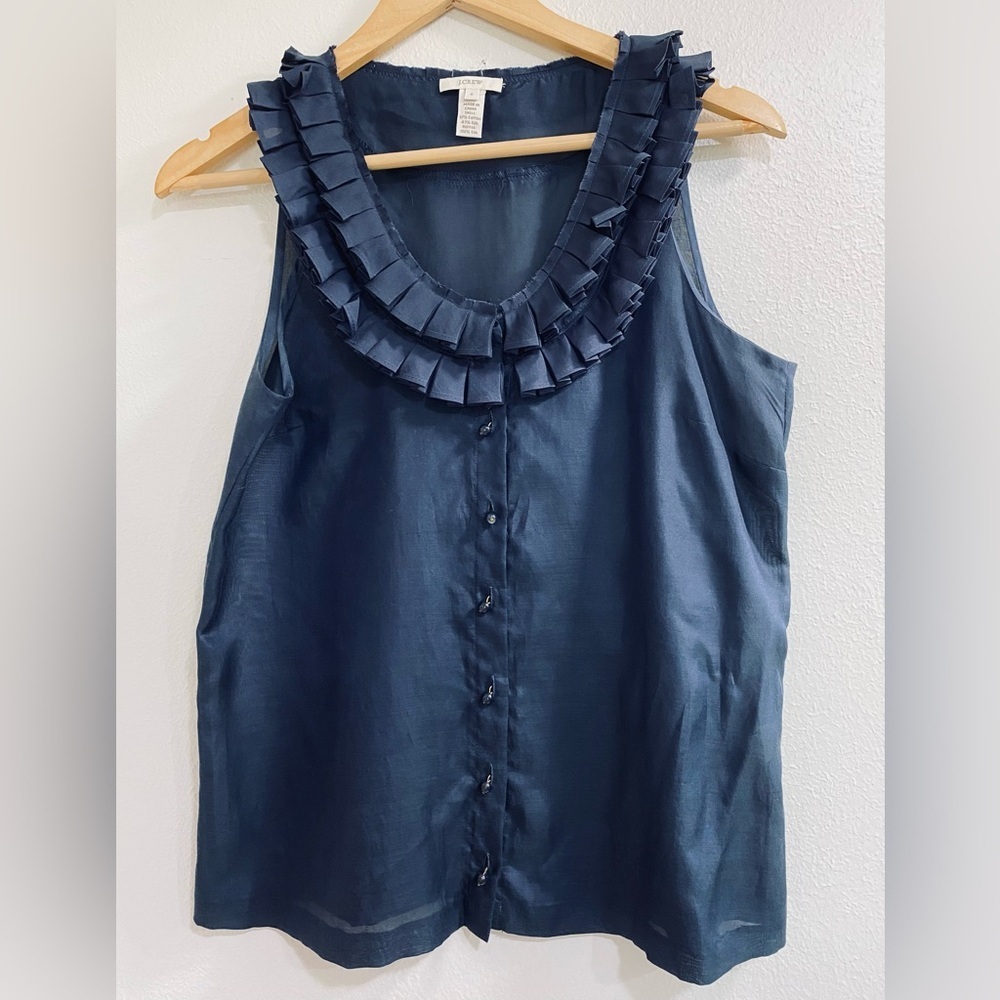 J. Crew Navy Cotton Silk Blend Sleeveless Blouse with Ruffle Detail Size 6